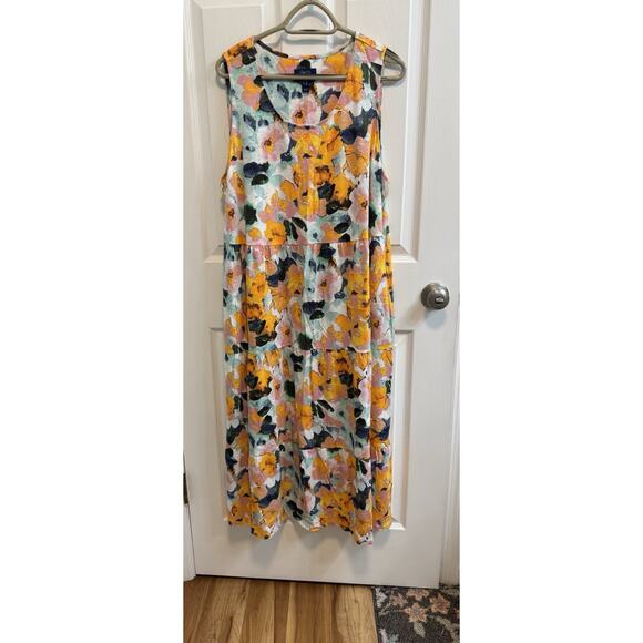 Denim&Co Dresses & Skirts - Denim Co Beach 1X Midi Dress Gold Green Floral Sleeveless Linen Blend Knit New